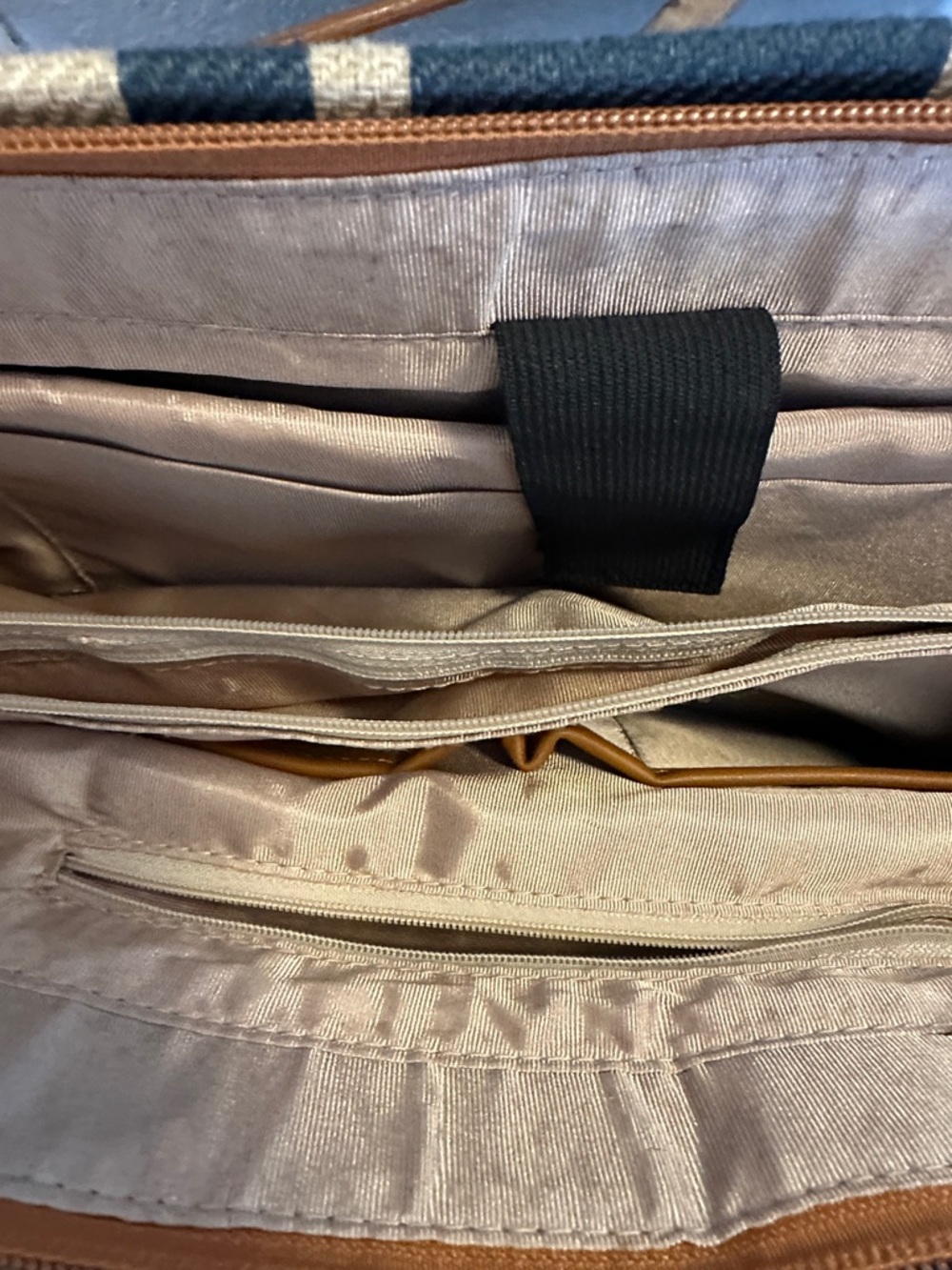 Canvas Tote Bag with Dark Blue Stripe and Brown Leather Handles - Picture 3 of 8